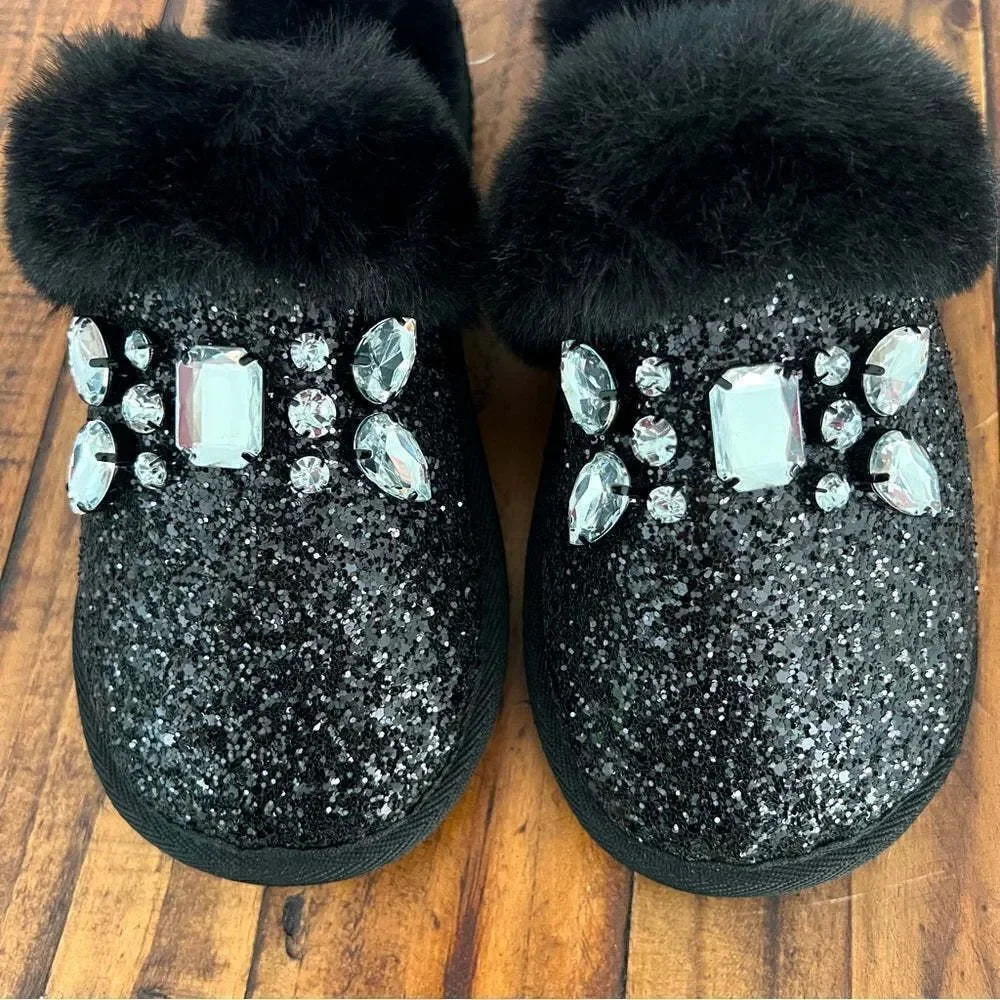 MICHAEL KORS Taj Slipper Embellished Glitter and Faux Fur Slide Sandal Size 6.
